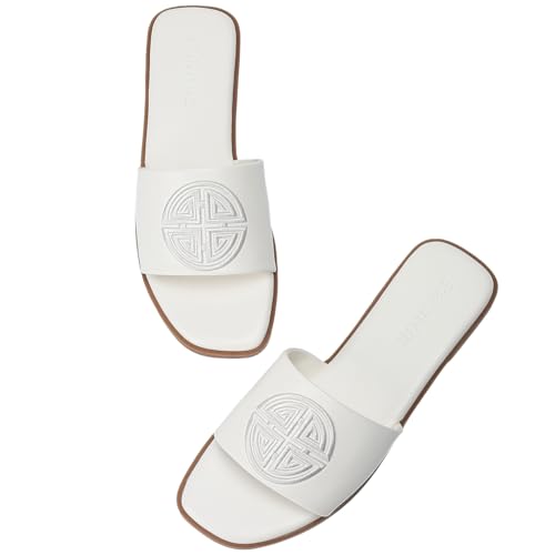 Stratuxx Kaze Womens Flat Sandals Dressy Summer Slide with Memory Foam Comfortable Cute Leather White Sandals for Women - Image 1