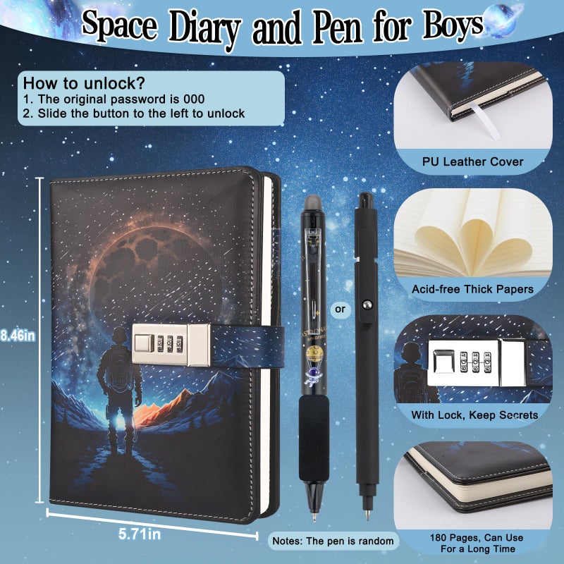 Purtarly Diary for Boys Ages 8-12, Space Diary with Lock Journal for Teen Boys 10-18, Birthday Gifts for Boy Adventure Travel Journal with Pen, Kids Notebook Valentines Day Gifts for 11 12 13 14 15 16 17 Teenages - Image 2