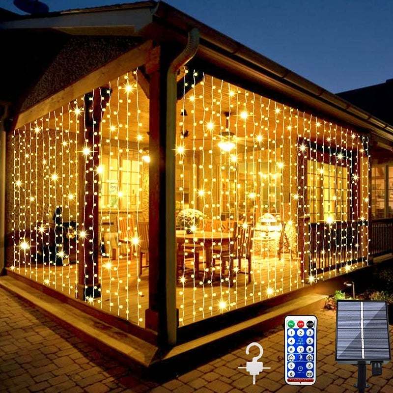 Whywhife 2 Pack Solar Curtain Lights Outdoor Garden Fairy String Lights 300 LED 8 Modes Remote Control Waterproof Solar Waterfall Lights for Gazebo Patio Party Festival Wedding Christmas DecorationsWarm - Image 2