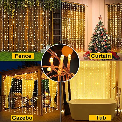 Whywhife 2 Pack Solar Curtain Lights Outdoor Garden Fairy String Lights 300 LED 8 Modes Remote Control Waterproof Solar Waterfall Lights for Gazebo Patio Party Festival Wedding Christmas DecorationsWarm - Image 3
