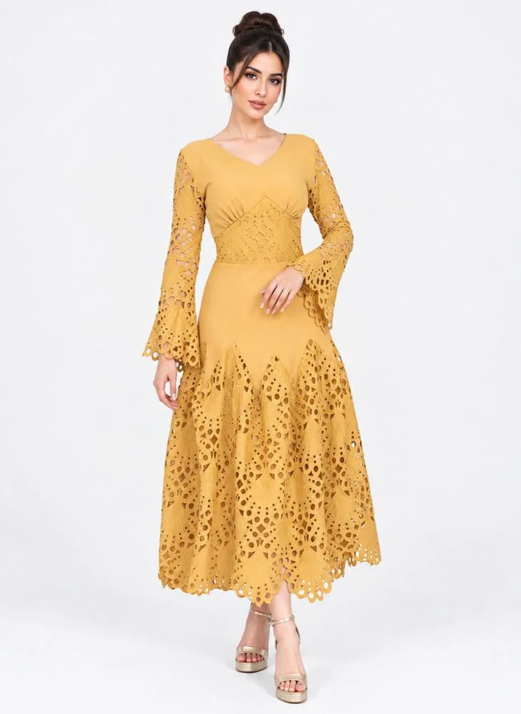 Opera Fashion Yellow Guipure & Crepe Tiered Dress