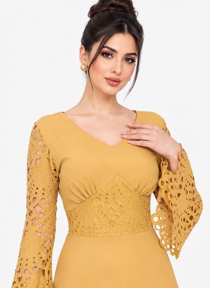 Opera Fashion Yellow Guipure & Crepe Tiered Dress