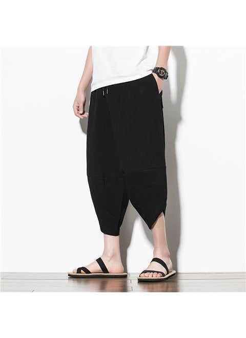 Generic - Loose Wide Leg Cotton Linen Beach Pants Men Casual Style Seven-Foot Trousers Trendy Harlan Pants High Waist Straight Tube Black - Image 1