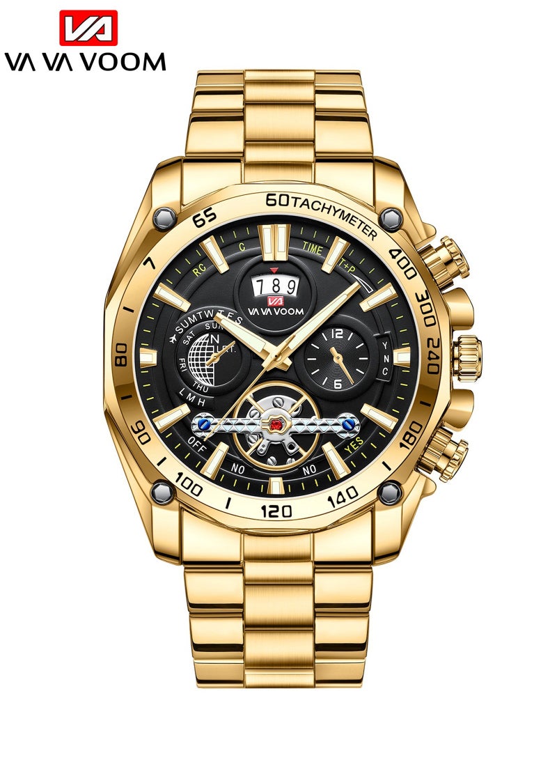 VA VA VOOM Men's Fashion Waterproof Stainless Steel Analog Quartz Watch - Gold - Image 1