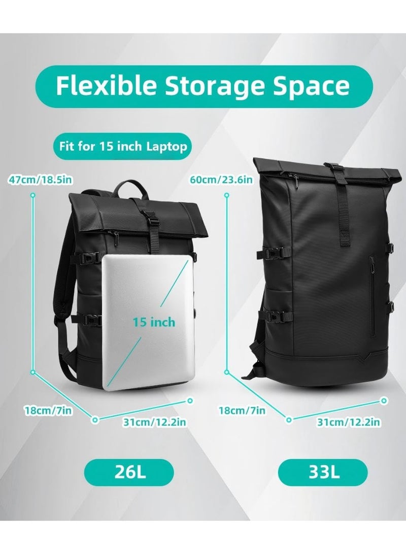 Arabest Rolltop Backpack Waterproof for Women & Men 33L Large Bike Backpack 15 inch Laptop Backpack Lightweight Perfect for Work School Travel and Outdoor Activities-Black - Image 2