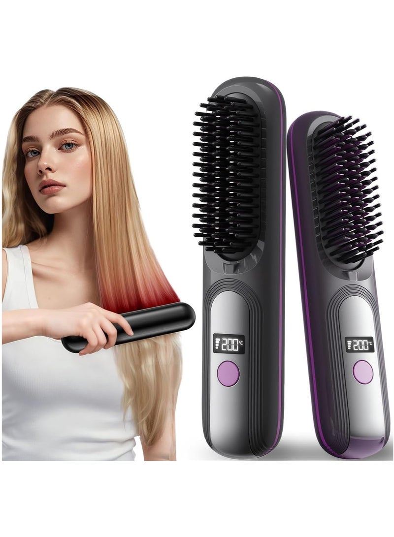 MarlaMall Cordless Hair Straightening Brush, Rechargeable Negative Ions Portable Travel Hair Straightener, 30 Seconds Heating Mini Dual Purpose Straightening & Curling Brush, For hair and beard(Grey & Purple) - Image 1