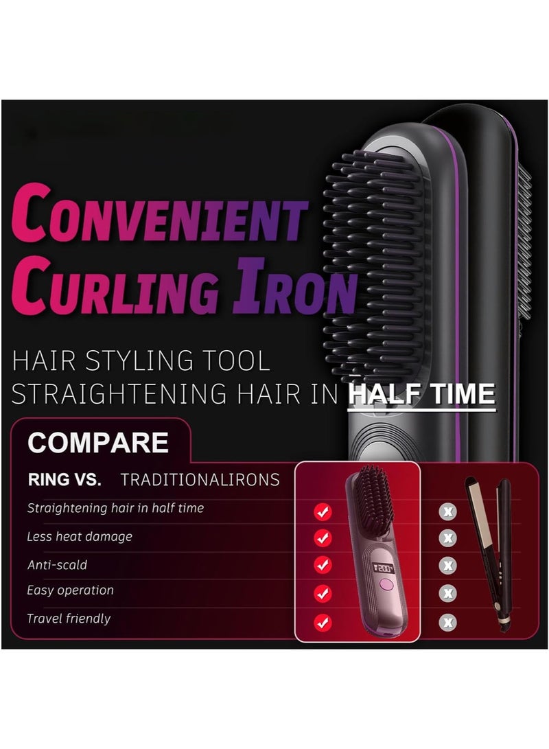 MarlaMall Cordless Hair Straightening Brush, Rechargeable Negative Ions Portable Travel Hair Straightener, 30 Seconds Heating Mini Dual Purpose Straightening & Curling Brush, For hair and beard(Grey & Purple) - Image 2