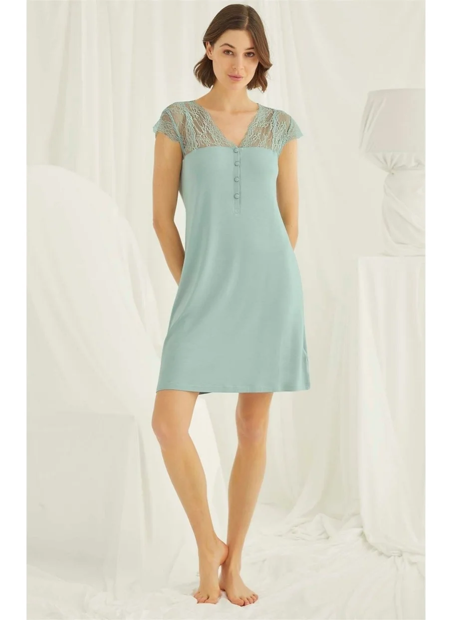 Monamise 18462 Women's Light Green V-Neck Front Buttoned Lace Short Sleeve Mini Nightgown