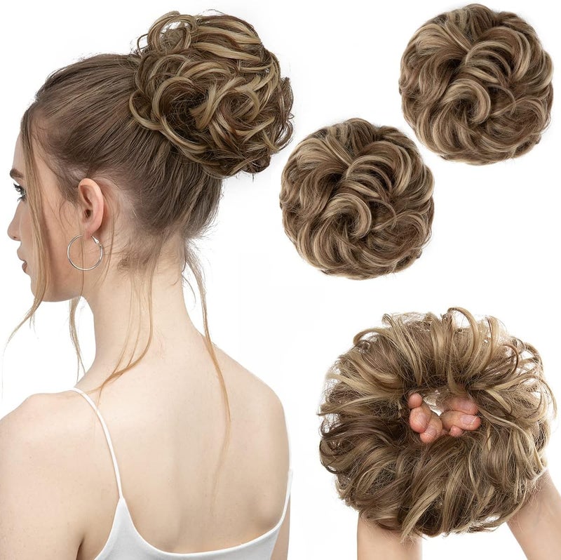 SARLA 2PCS Messy Hair Bun Hair Piece Small Scrunchies Synthetic Bun Hairpieces for Women Girls Updo Hair Extensions (Brunette/Ash Blonde) - Image 1