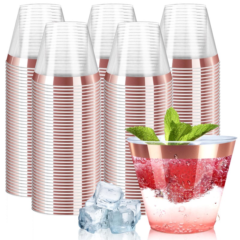 Byvivace [200 Pack] 9Oz Clear Plastic Cups With Rose Gold Rimmed Sturdy & Food Safe Disposable Wine Glasses Party Wedding Disposable Drinking Cups Plastic Cocktail Glasses For Wine  Juice & Cold Beverages - Image 1