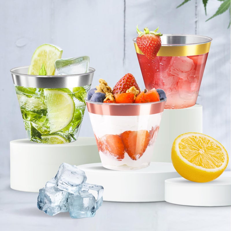 Byvivace [200 Pack] 9Oz Clear Plastic Cups With Rose Gold Rimmed Sturdy & Food Safe Disposable Wine Glasses Party Wedding Disposable Drinking Cups Plastic Cocktail Glasses For Wine  Juice & Cold Beverages - Image 5