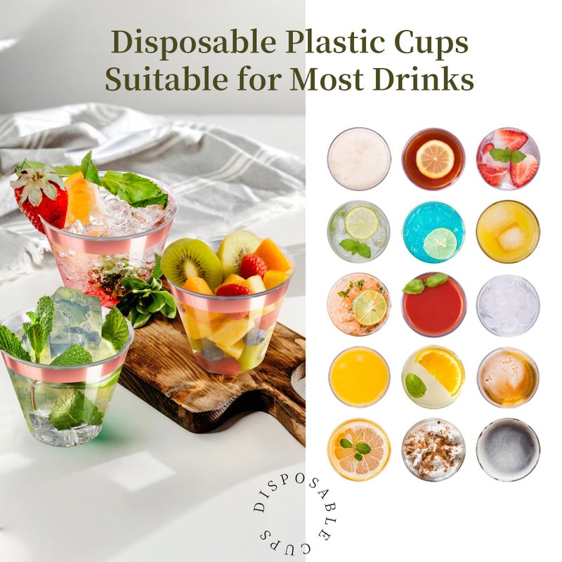 Byvivace [200 Pack] 9Oz Clear Plastic Cups With Rose Gold Rimmed Sturdy & Food Safe Disposable Wine Glasses Party Wedding Disposable Drinking Cups Plastic Cocktail Glasses For Wine  Juice & Cold Beverages - Image 4
