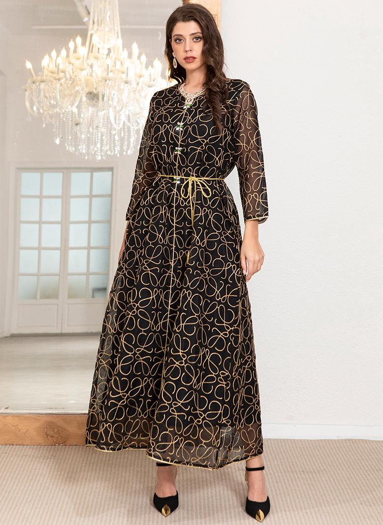 فرايديين انيق طوق على شكل V هندسي تباين اللون تطريز حزام كم منتظم قفطان اسود - Image 1