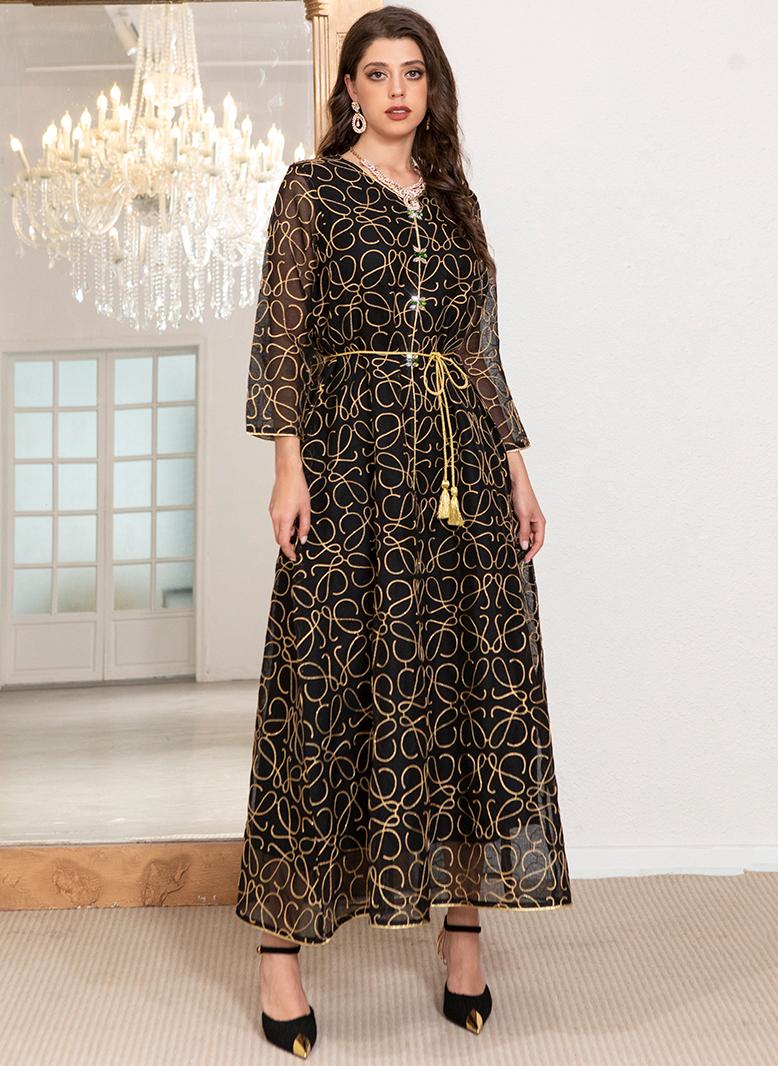 فرايديين انيق طوق على شكل V هندسي تباين اللون تطريز حزام كم منتظم قفطان اسود - Image 5