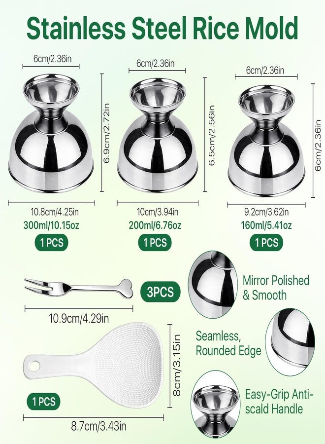 Worldity 3 Size Stainless Steel Rice Mold, Multifunctional Rice Press Mold with Scooper, Silver Serving Bowls for Sushi, Onigiri, Dessert, Ice Cream Footed Bowls Metal for Home Kitchen & Restaurant - Image 2