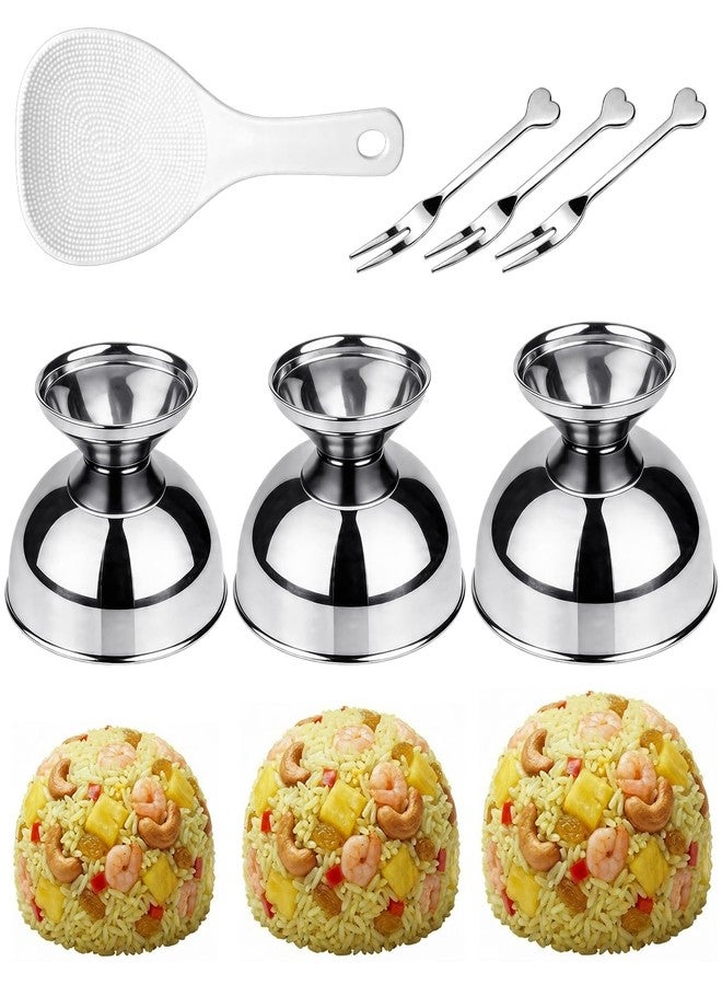 Worldity 3 Size Stainless Steel Rice Mold, Multifunctional Rice Press Mold with Scooper, Silver Serving Bowls for Sushi, Onigiri, Dessert, Ice Cream Footed Bowls Metal for Home Kitchen & Restaurant - Image 1