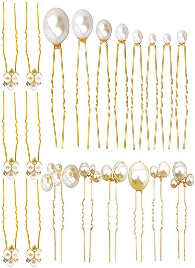 Messen Ces Wedding Pearl Hair Pins For Brides Bridal Elegant Pearl Rhinestones Hair Pins Updos Hair Piece Hair Accessories For Brides Bridesmaid Women (Gold)  - Image 1