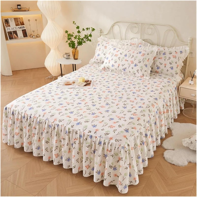 Ruffle Bed Skirt 3Pcs Floral Printed Bed Skirt Set Cotton Soft Bedspread Princess Style Bedroom Cover with Pillowcases(Color-01,200x220x45cm 3Pcs) - Image 1