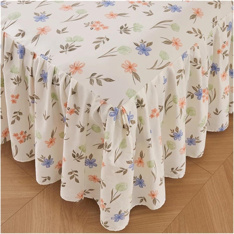 Ruffle Bed Skirt 3Pcs Floral Printed Bed Skirt Set Cotton Soft Bedspread Princess Style Bedroom Cover with Pillowcases(Color-01,200x220x45cm 3Pcs) - Image 2