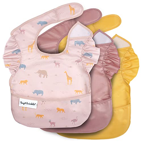 Tiny Twinkle Mess Proof Baby Bibs for Eating – Waterproof, Wipeable Toddler Bibs with Pocket – Baby Food Bibs for Girls & Boys(3 Pack,Petite Safari) - Image 1