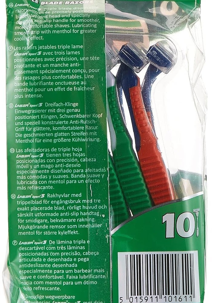 Laser Sport 3 Firm Grip Triple Blade Disposable Shaving Razors with Menthol - 10 Pack - Image 2