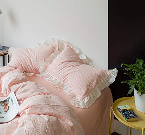 SUSYBAO Pink Ruffled Duvet Cover King 100% Washed Cotton 3 Pcs Set 1 White Pinstripe Duvet Cover with Zipper Ties 2 Pillow Shams Princess White Ruffle Bedding Set Soft - Image 5