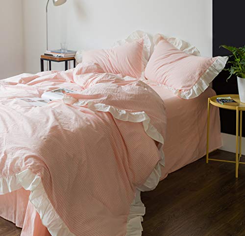 SUSYBAO Pink Ruffled Duvet Cover King 100% Washed Cotton 3 Pcs Set 1 White Pinstripe Duvet Cover with Zipper Ties 2 Pillow Shams Princess White Ruffle Bedding Set Soft - Image 4