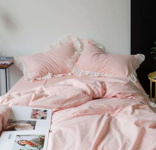 SUSYBAO Pink Ruffled Duvet Cover King 100% Washed Cotton 3 Pcs Set 1 White Pinstripe Duvet Cover with Zipper Ties 2 Pillow Shams Princess White Ruffle Bedding Set Soft - Image 3