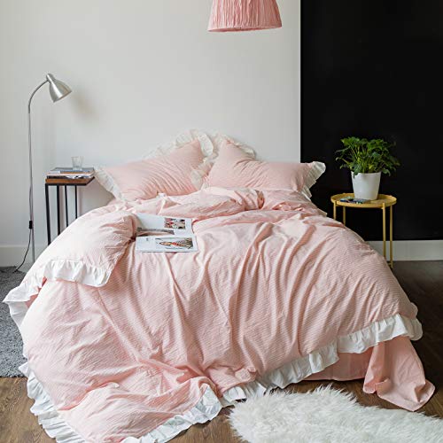 SUSYBAO Pink Ruffled Duvet Cover King 100% Washed Cotton 3 Pcs Set 1 White Pinstripe Duvet Cover with Zipper Ties 2 Pillow Shams Princess White Ruffle Bedding Set Soft - Image 1
