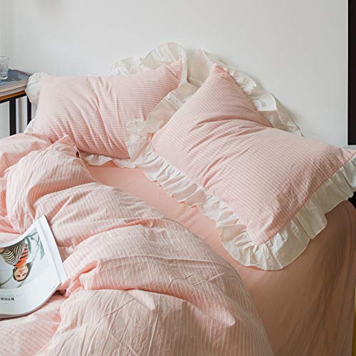 SUSYBAO Pink Ruffled Duvet Cover King 100% Washed Cotton 3 Pcs Set 1 White Pinstripe Duvet Cover with Zipper Ties 2 Pillow Shams Princess White Ruffle Bedding Set Soft - Image 2