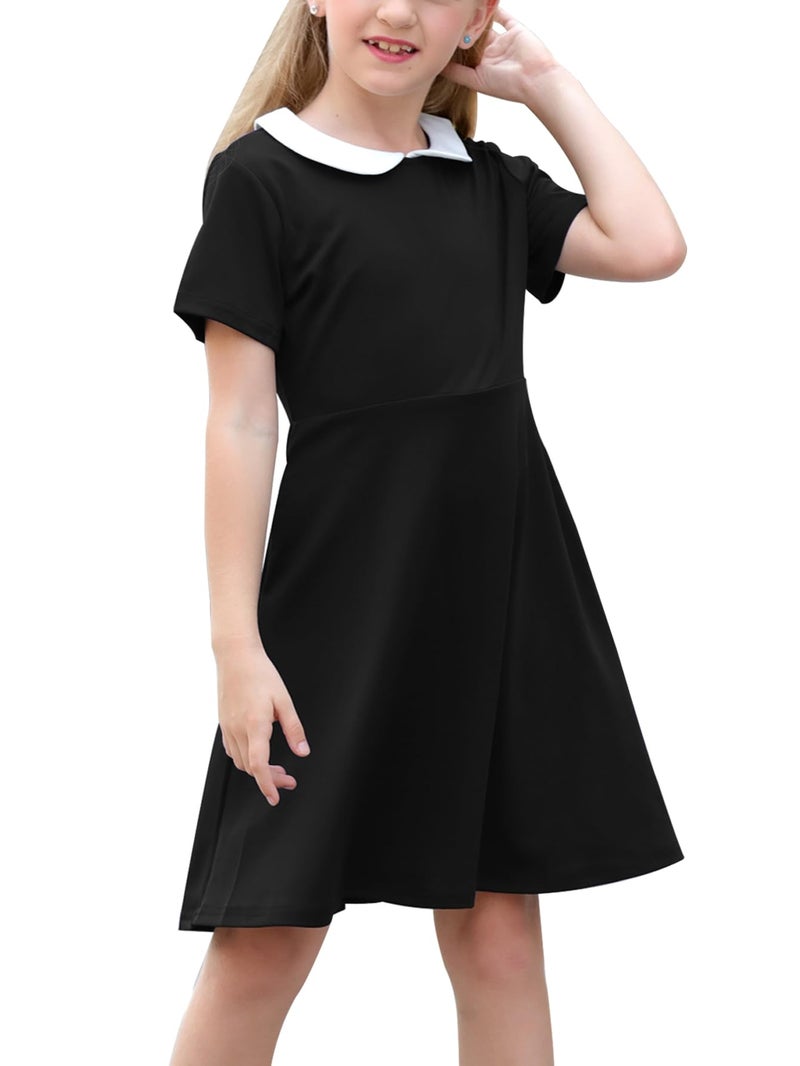 GORLYA Girl's Short Sleeve Casual Vintage Peter Pan Collar Fit and Flare Skater Party Dress with Pockets (GOR1006, 13-14Y, Black) - Image 1