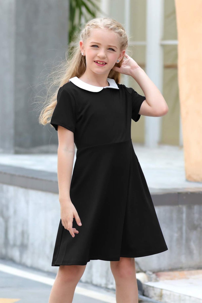 GORLYA Girl's Short Sleeve Casual Vintage Peter Pan Collar Fit and Flare Skater Party Dress with Pockets (GOR1006, 13-14Y, Black) - Image 3