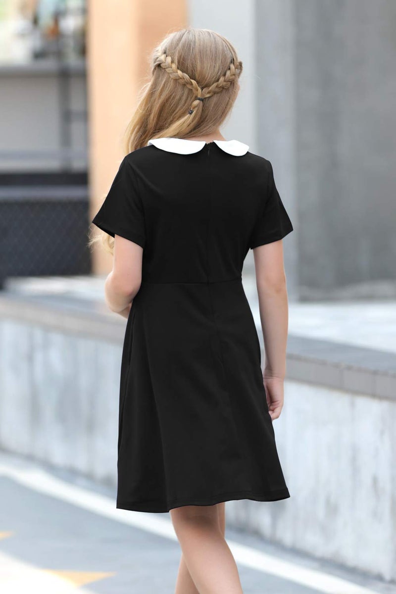 GORLYA Girl's Short Sleeve Casual Vintage Peter Pan Collar Fit and Flare Skater Party Dress with Pockets (GOR1006, 13-14Y, Black) - Image 2