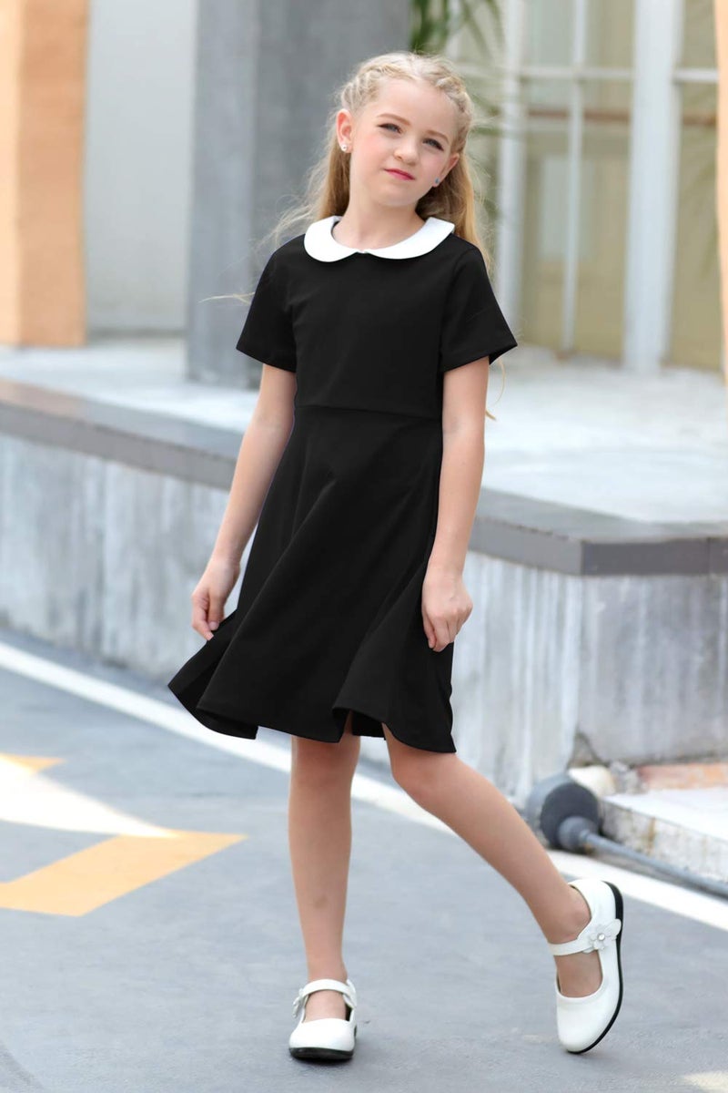 GORLYA Girl's Short Sleeve Casual Vintage Peter Pan Collar Fit and Flare Skater Party Dress with Pockets (GOR1006, 13-14Y, Black) - Image 5