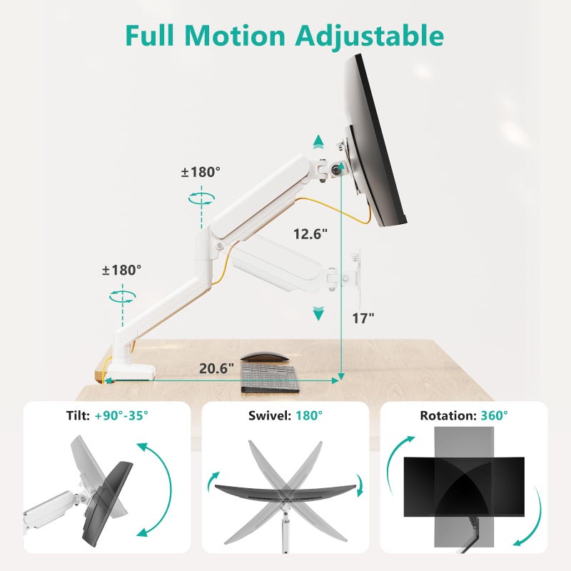 WALI Single Monitor Arm Mount Stand, Adjustable Gas Spring Arm Monitor Mount for Display up to 32 Inch,19.8lbs Capacity (GSMP001W), White - Image 3