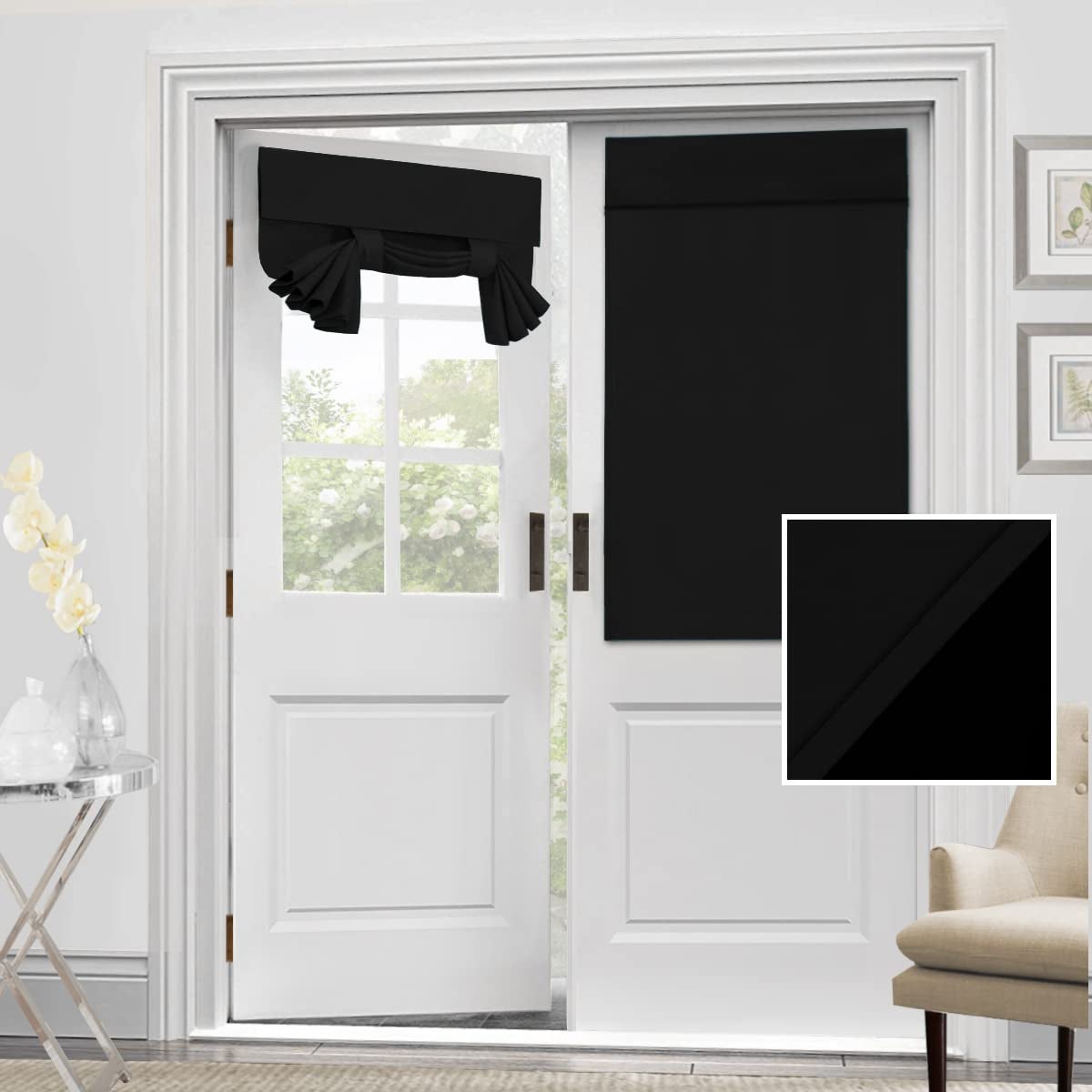 H.VERSAILTEX HVERSAILTEX 100 Blackout French Door Curtain Privacy French Door Blinds Light Blocking Curtain for Sliding Glass Door Thermal Insulated Tie Up Shade 26x40 Inches 1 Panel Jet Black