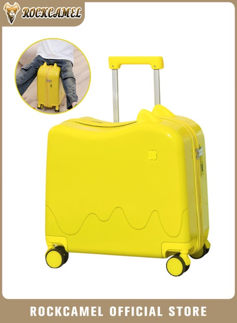 Kids Ride-On Luggage with Cat Ears Design, 360-Degree Swivel Wheels, Suitcase Built-in Anti-Theft Password Lock, Telescopic Handle, Anti-Scratch, Fun Trunk Case for Enjoyable Journeys(Yellow, 18-inch)