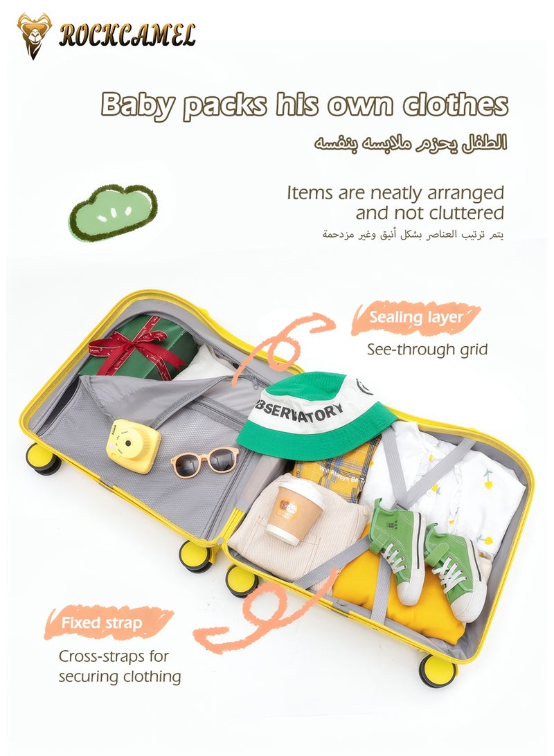 ROCKCAMEL Kids Ride-On Luggage with Cat Ears Design, 360-Degree Swivel Wheels, Suitcase Built-in Anti-Theft Password Lock, Telescopic Handle, Anti-Scratch, Fun Trunk Case for Enjoyable Journeys(Yellow, 18-inch) - Image 4