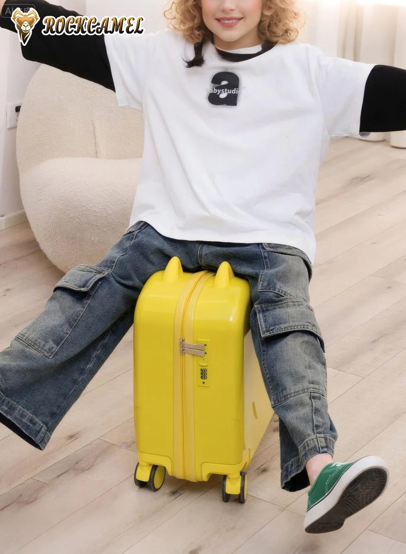 ROCKCAMEL Kids Ride-On Luggage with Cat Ears Design, 360-Degree Swivel Wheels, Suitcase Built-in Anti-Theft Password Lock, Telescopic Handle, Anti-Scratch, Fun Trunk Case for Enjoyable Journeys(Yellow, 18-inch) - Image 2