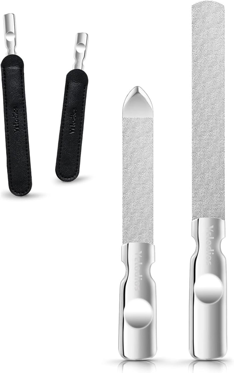 Velodios Heavy Duty Nail File for Men and Women, Reusable Stainless Steel Fingernail Files, Double Sided Stainless Steel Nail File with Leather Case, Great for Home and Salon – 2PCS