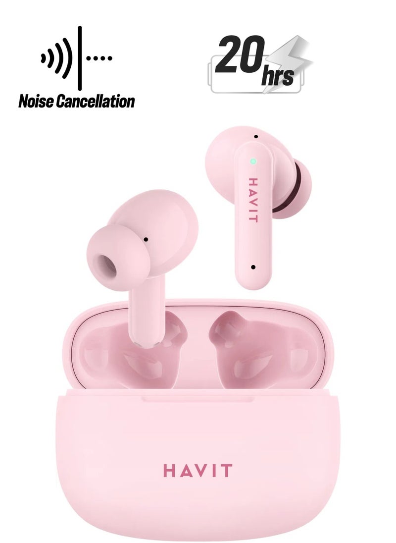 havit True Wireless Bluetooth V5.3 Earbuds, HiFi Stereo with Deep Bass, Smart Touch Control, 10mm Driver, Dual Microphones with ENC for Clear Calls, 20 Hours Playback, In-Ear Earphones, Compatible with iOS and Android Devices, Wireless Earphones for Music & Calls (Pink)  - Image 1