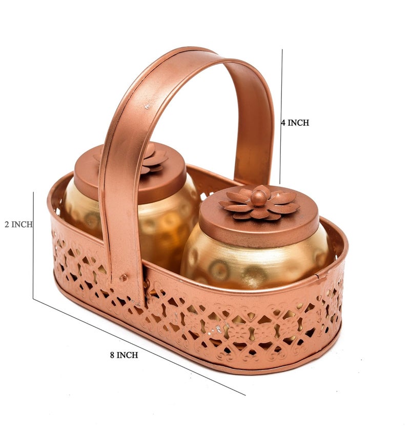 Sanvatsar Square Shape Metal Basket with Jar Tray 2 Copper Flower Container Dry Fruits Chocolate Sweets Candys Gifts Set for Office, Home Decor Table Decoration Item - Image 3