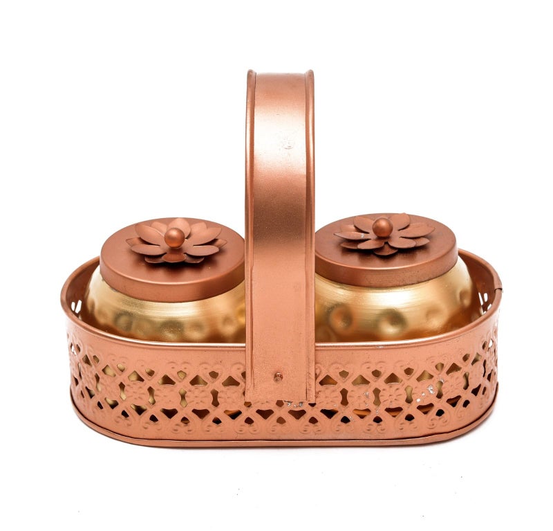 Sanvatsar Square Shape Metal Basket with Jar Tray 2 Copper Flower Container Dry Fruits Chocolate Sweets Candys Gifts Set for Office, Home Decor Table Decoration Item - Image 4