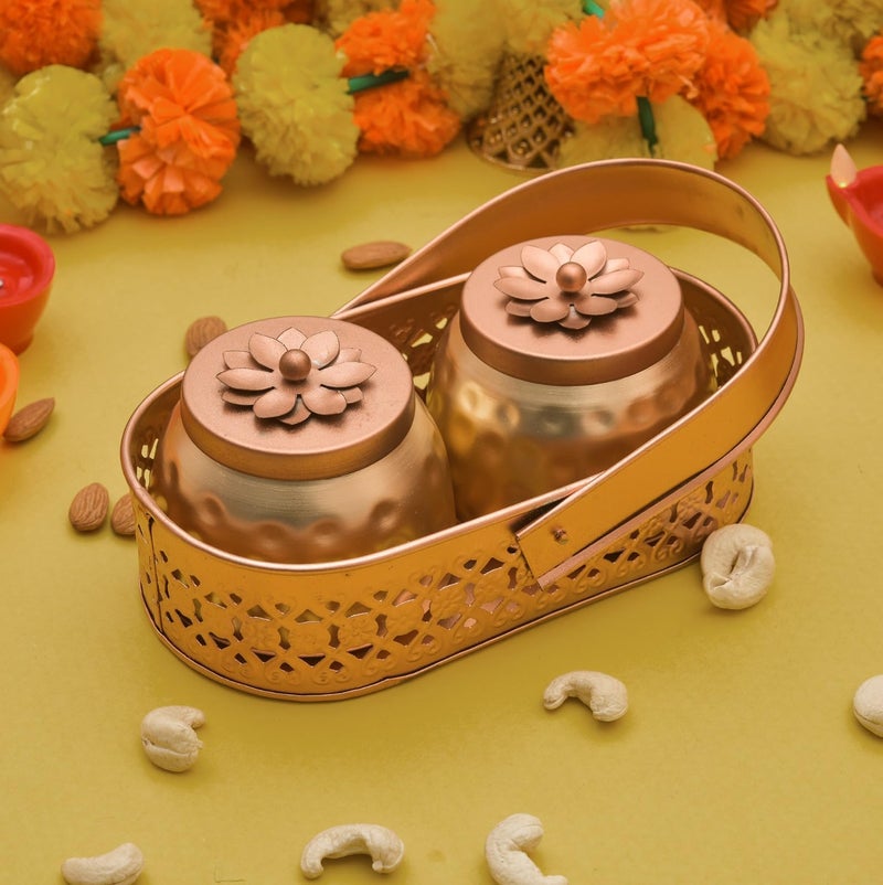 Sanvatsar Square Shape Metal Basket with Jar Tray 2 Copper Flower Container Dry Fruits Chocolate Sweets Candys Gifts Set for Office, Home Decor Table Decoration Item - Image 2