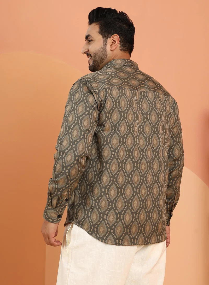 Instafab Plus Instafab Plus Men's Olive Green Leaflet-Block Woven Shirt For Casual Wear | Spread Collar | Long Cuffed Sleeves | Button Closure | Plus Size Shirt Crafted With Comfort Fit For Everyday Wear