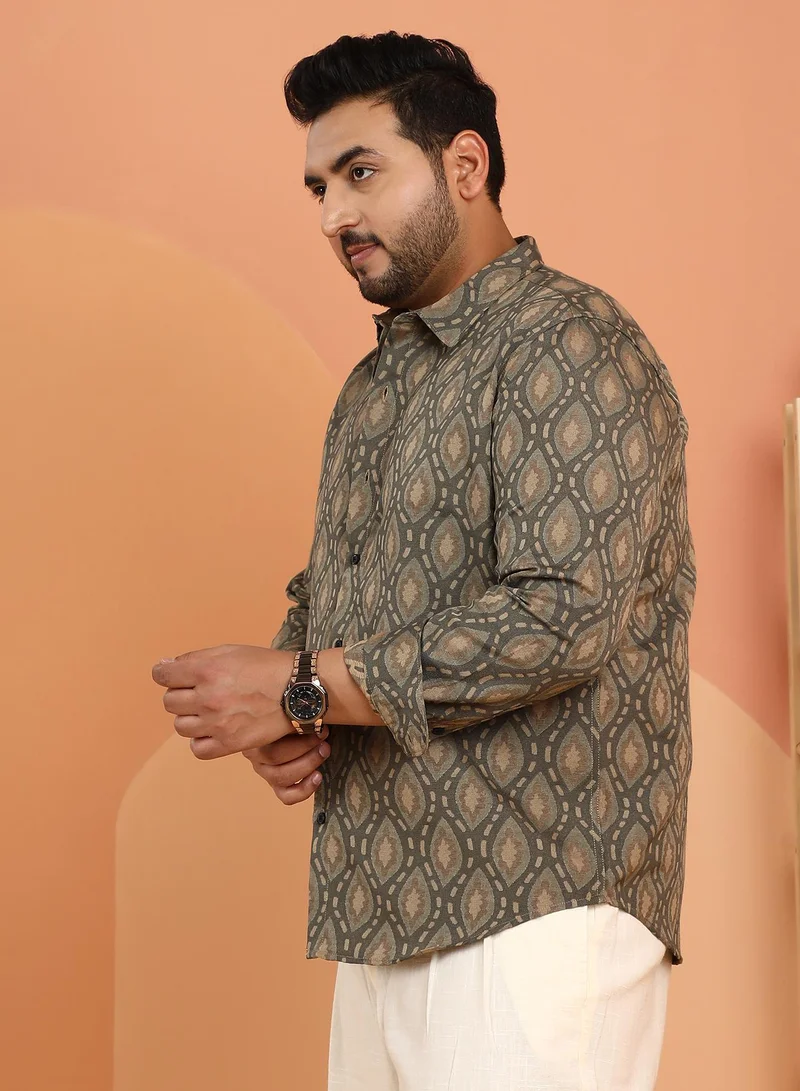 Instafab Plus Instafab Plus Men's Olive Green Leaflet-Block Woven Shirt For Casual Wear | Spread Collar | Long Cuffed Sleeves | Button Closure | Plus Size Shirt Crafted With Comfort Fit For Everyday Wear