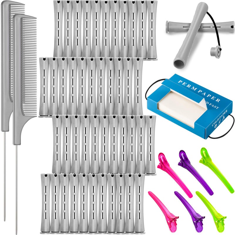 WILLBOND Hair Styling Kit 48 Hair Perm Rods Plastic Cold Wave Rods 2 Steel Pintail Combs 350 Perm Papers 6 Duck Bill Clips for Hairdressing StylingGray