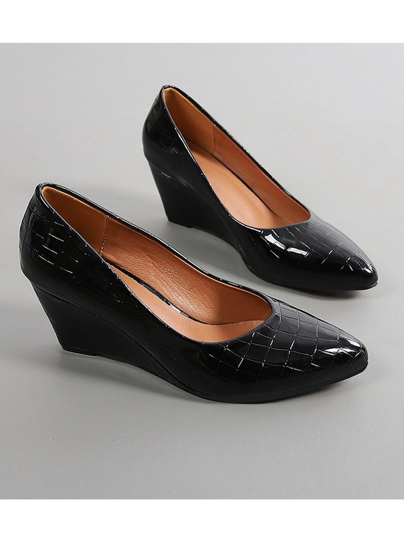 Loquat Women's Shiny Platform Wedge Heeled Sandals Slip On Closed Pointed Toe Wedge Pumps Black  - Image 2