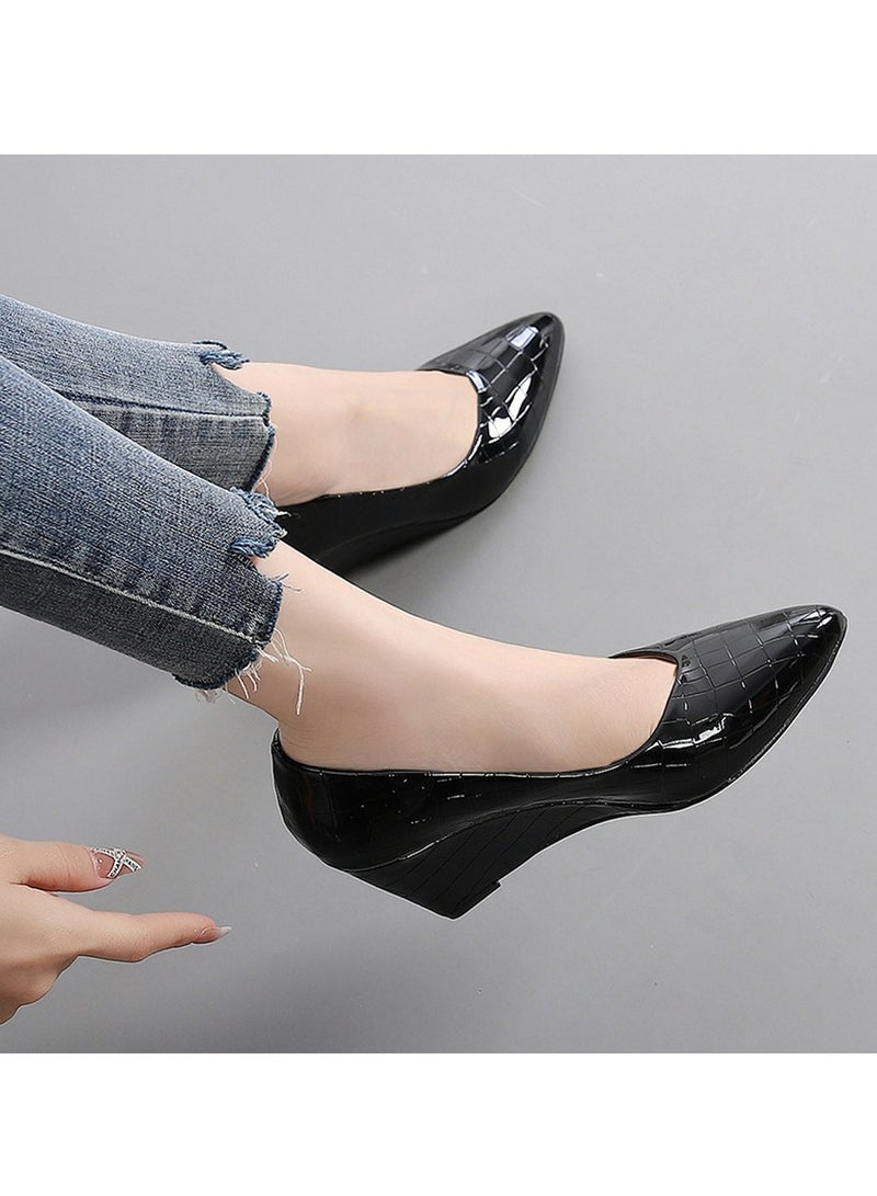 Loquat Women's Shiny Platform Wedge Heeled Sandals Slip On Closed Pointed Toe Wedge Pumps Black  - Image 4