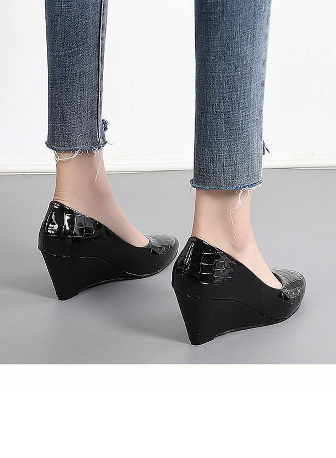 Loquat Women's Shiny Platform Wedge Heeled Sandals Slip On Closed Pointed Toe Wedge Pumps Black  - Image 5